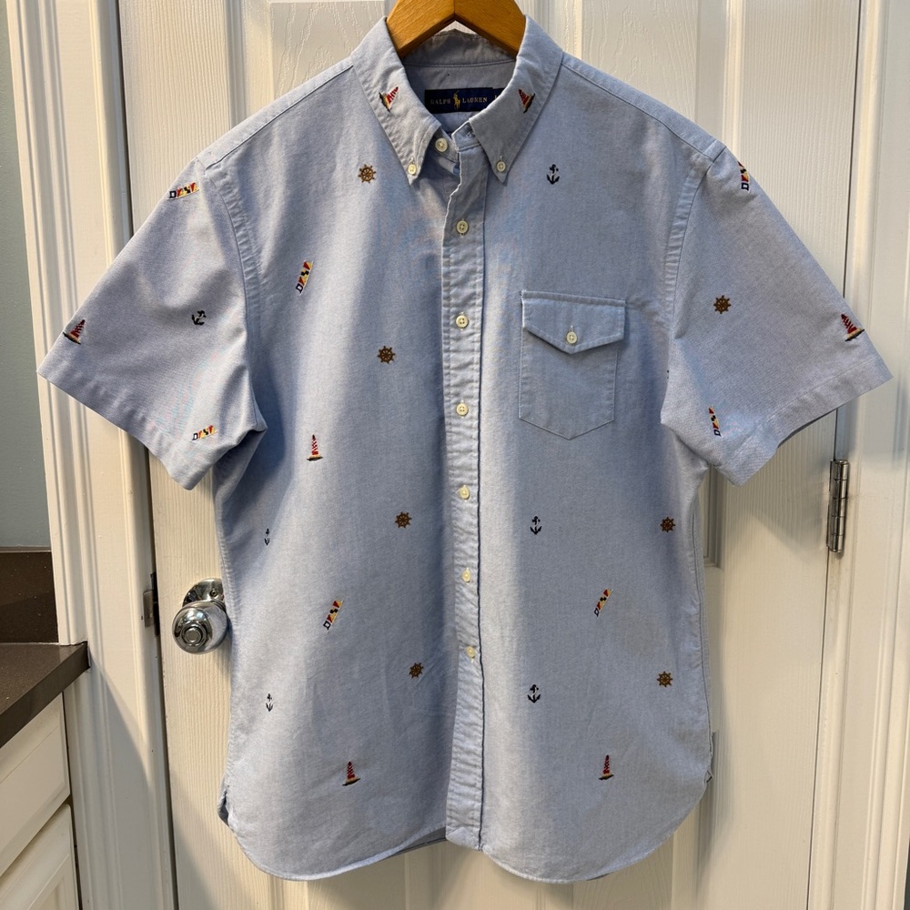 Ralph Lauren Blue Nautical Embroidered Short Sleeve Oxford Shirt Size Large